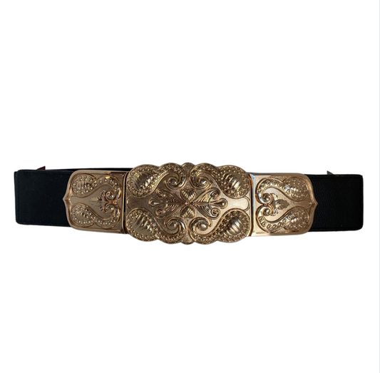 LCIBELT003 - Gold decorative buckle, stretch black belt.