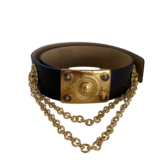 LCIBELT006 - Gold decorative buckle, chains and black belt.