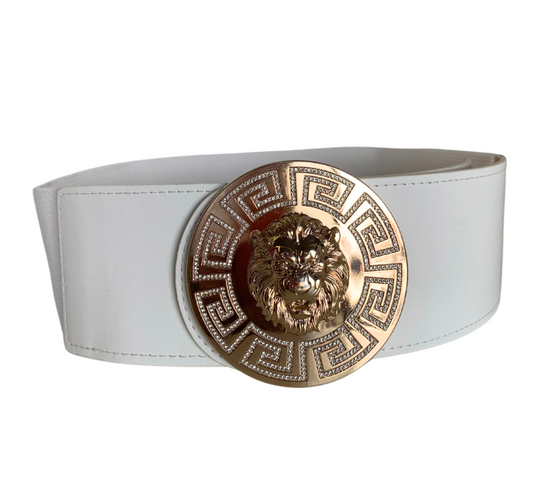 LCIBELT014 - Gold decorative buckle, white stretch belt.