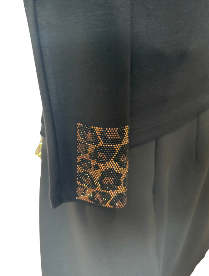 Black Top with Leopard crystal cuffs and collar