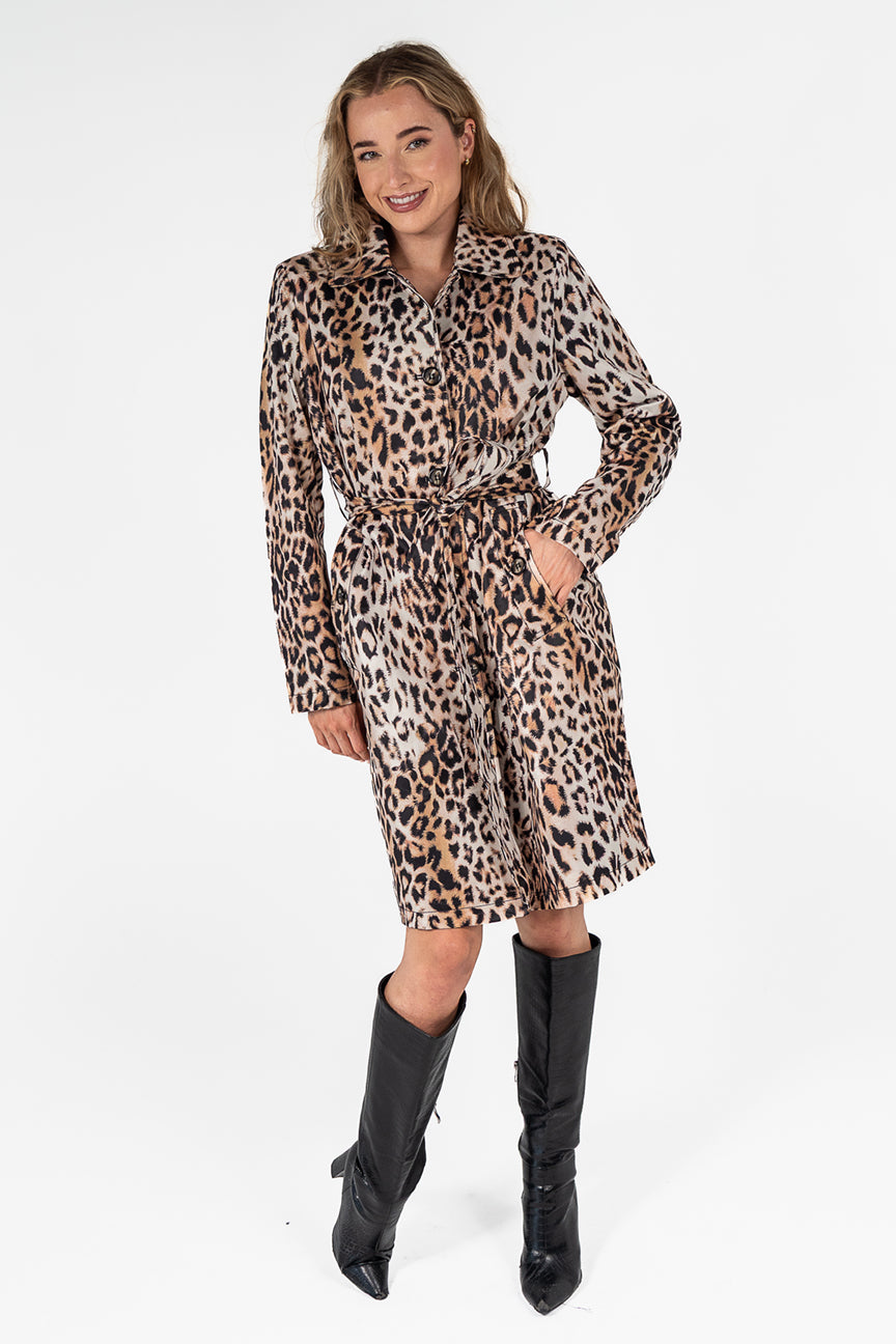Leopard Print Knee Length Trench Coat