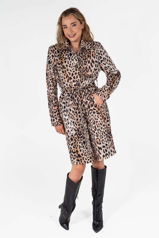 Leopard Print Knee Length Trench Coat