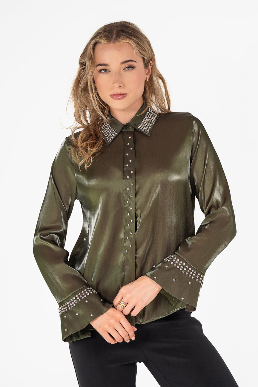 Olive Blouse with Diamonti embellishment