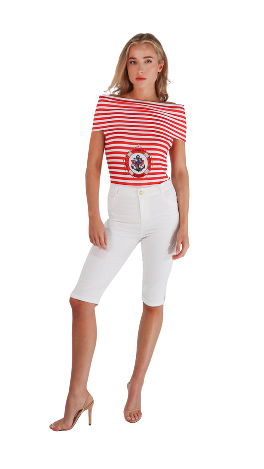 Red Stripe Nautical Off Shoulder Top