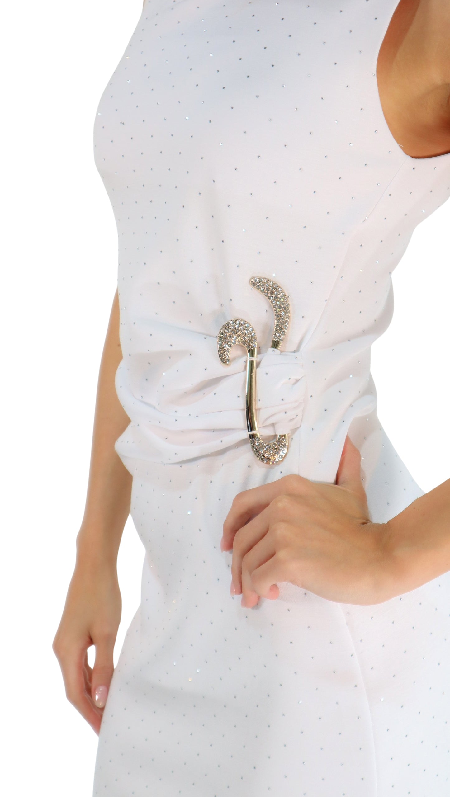 White Stretch Dress with Side Jewelled Detail